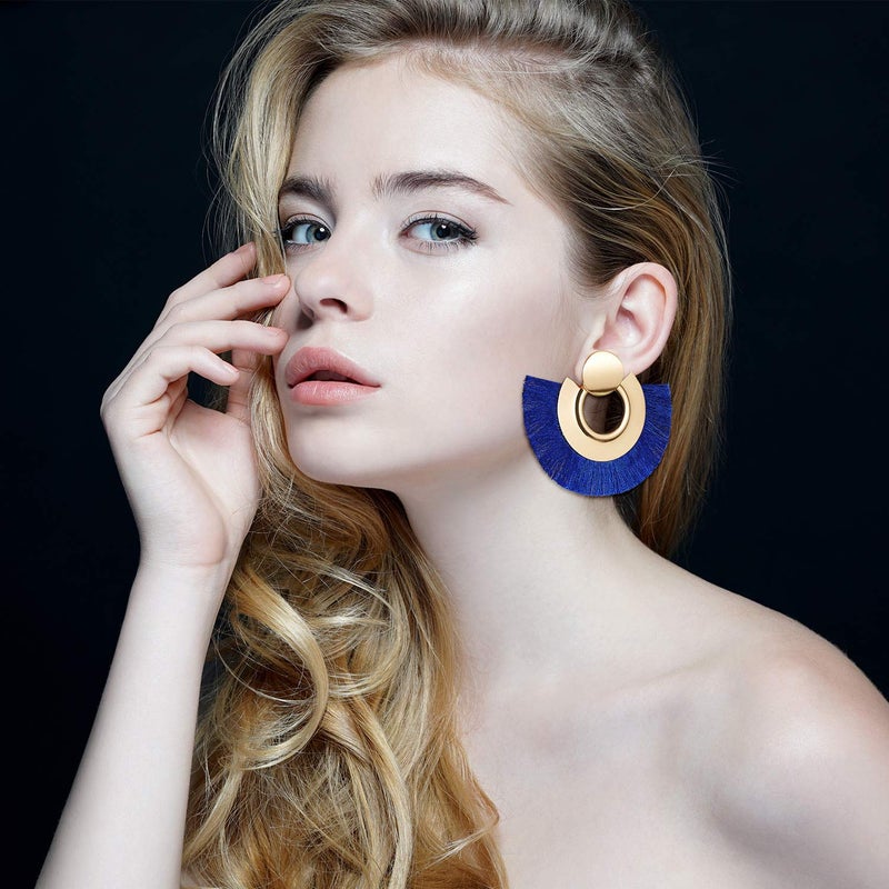 meekoo 6 Pairs Tassel Dangle Earrings Gold Hoop Fringe Earrings Bohemia Fan Shaped Earrings for Women Party and Daily Wear - Image 3